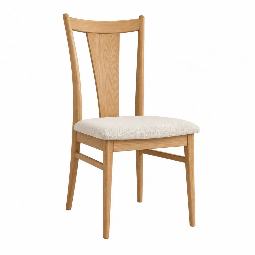 Sedia in legno di quercia con seduta in tessuto poliestere beige