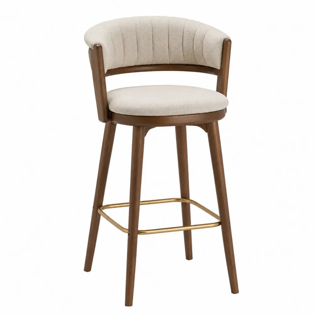 Sgabello da Bar in Legno con Rivestimento in Tessuto Beige