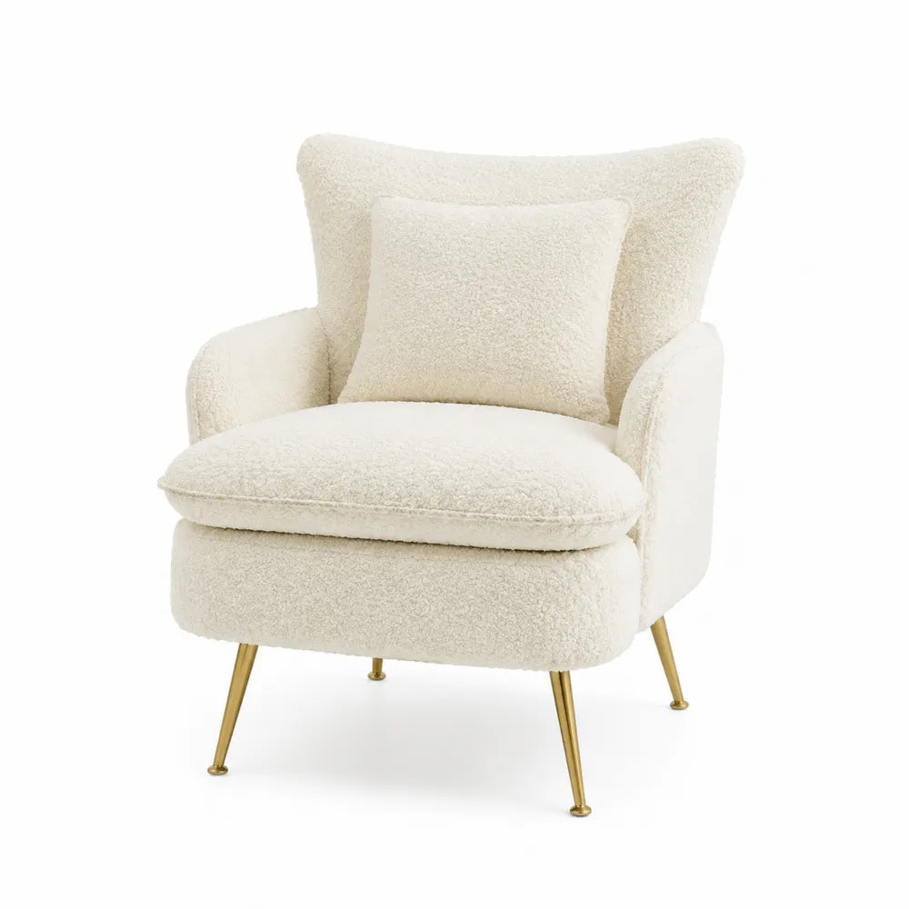 Poltrona in tessuto bouclé bianco con gambe in metallo dorato