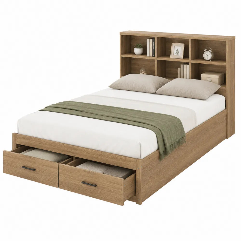 Letto matrimoniale in legno con cassetti e scaffale integrato 200x160 cm