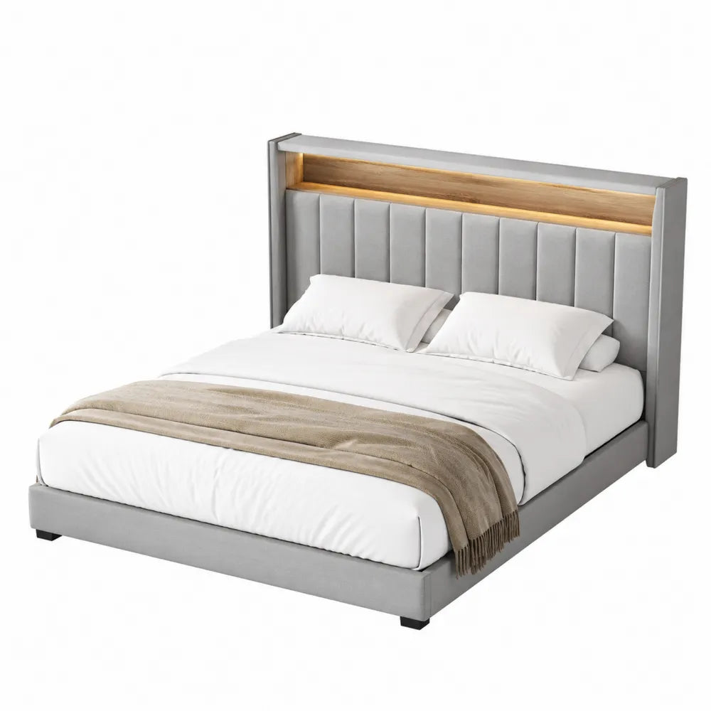 Letto matrimoniale imbottito grigio con testiera in legno e tessuto