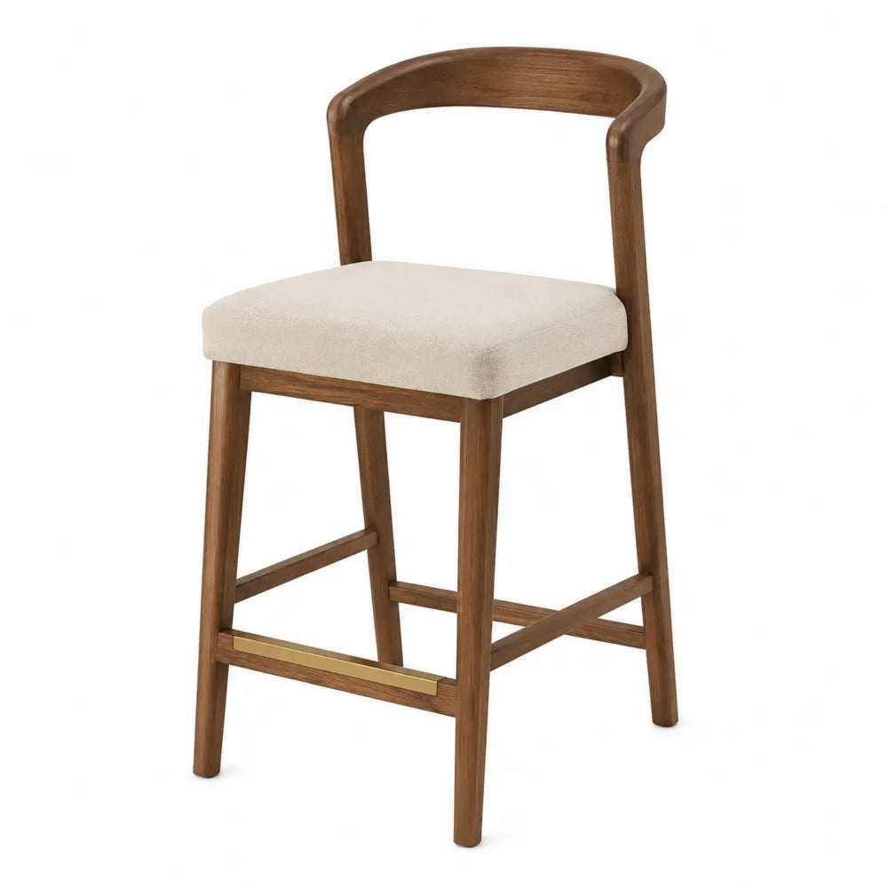 Sgabello bar in legno noce con seduta in tessuto beige