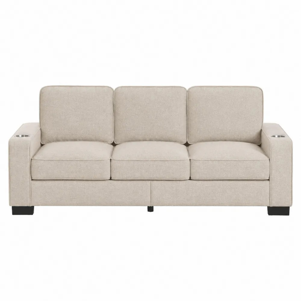 Divano 3 posti in tessuto beige con portabevande