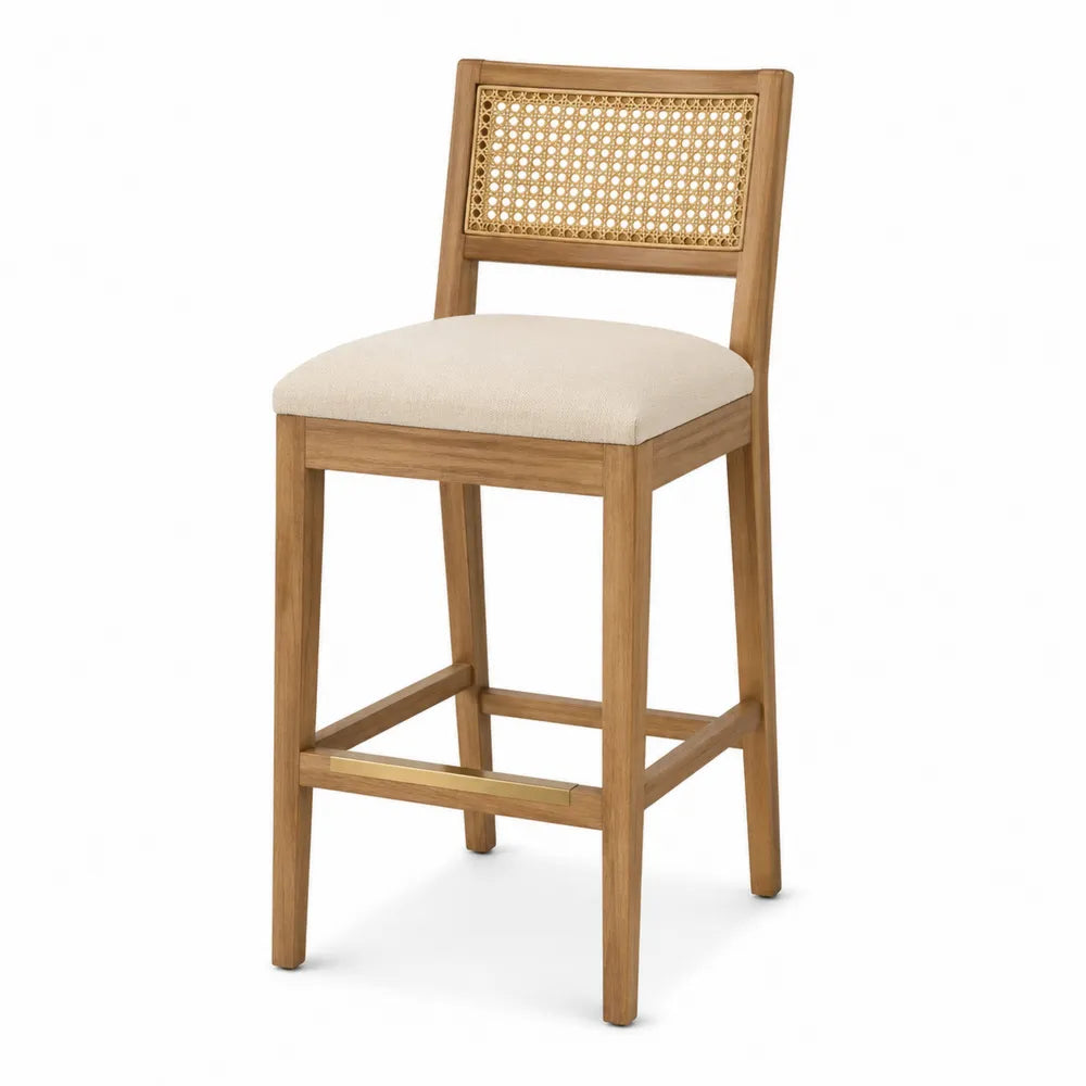 Sgabello da Bar in Legno di Rovere e Rattan con Seduta in Tessuto Beige