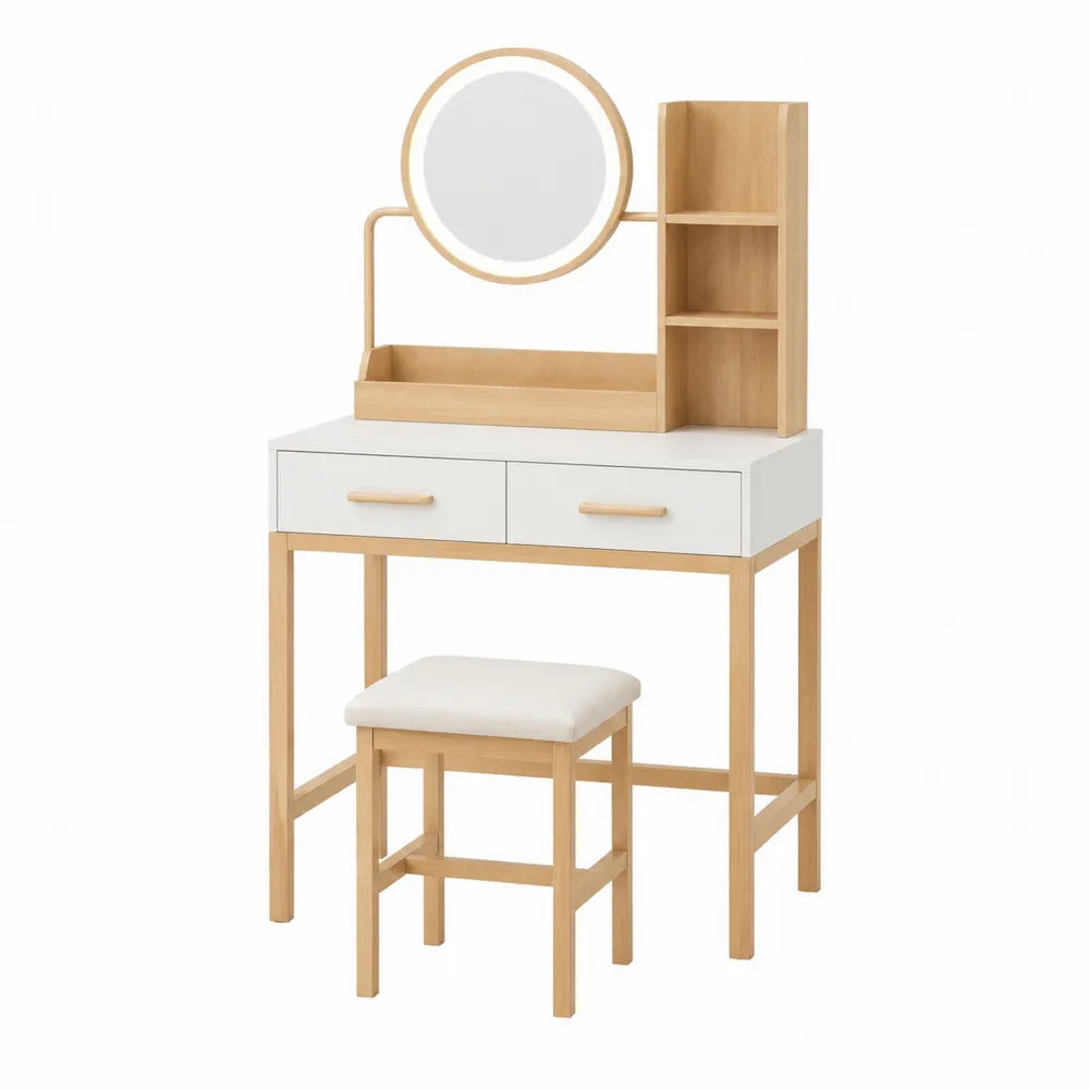 Toletta Bianco e Legno con Specchio LED e Sgabello
