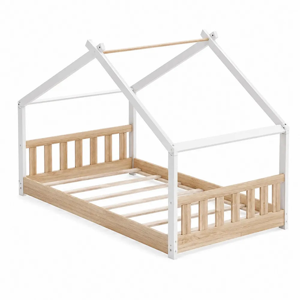 Letto per bambini in legno di pino e MDF a forma di casa, naturale e bianco
