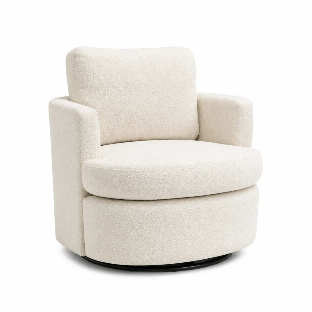 Poltrona girevole in tessuto bouclé crema con base metallica