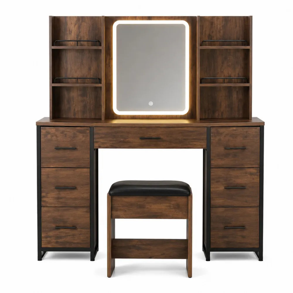 Toletta in legno con specchio LED e sgabello, marrone scuro