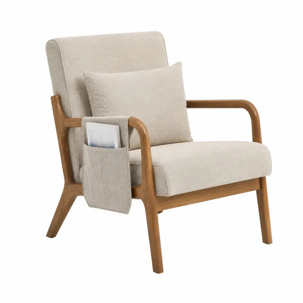 Poltrona in legno con tessuto beige e tasca laterale