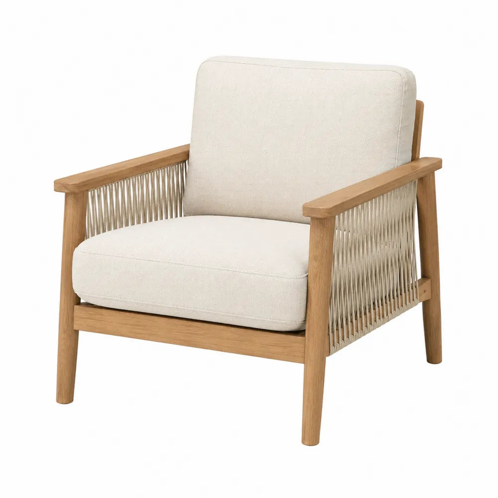 Sedia da esterno in legno e corda con cuscini beige