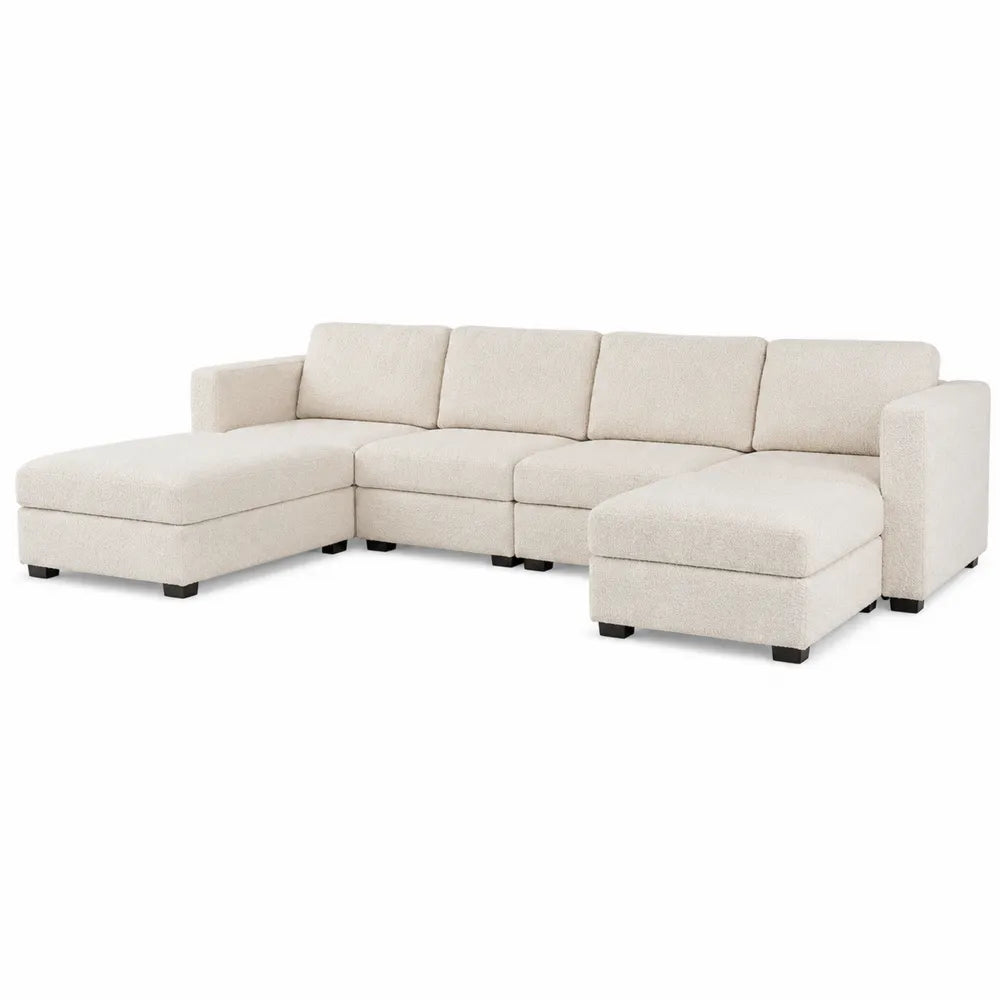 Divano angolare modulare in tessuto bouclé beige con chaise longue