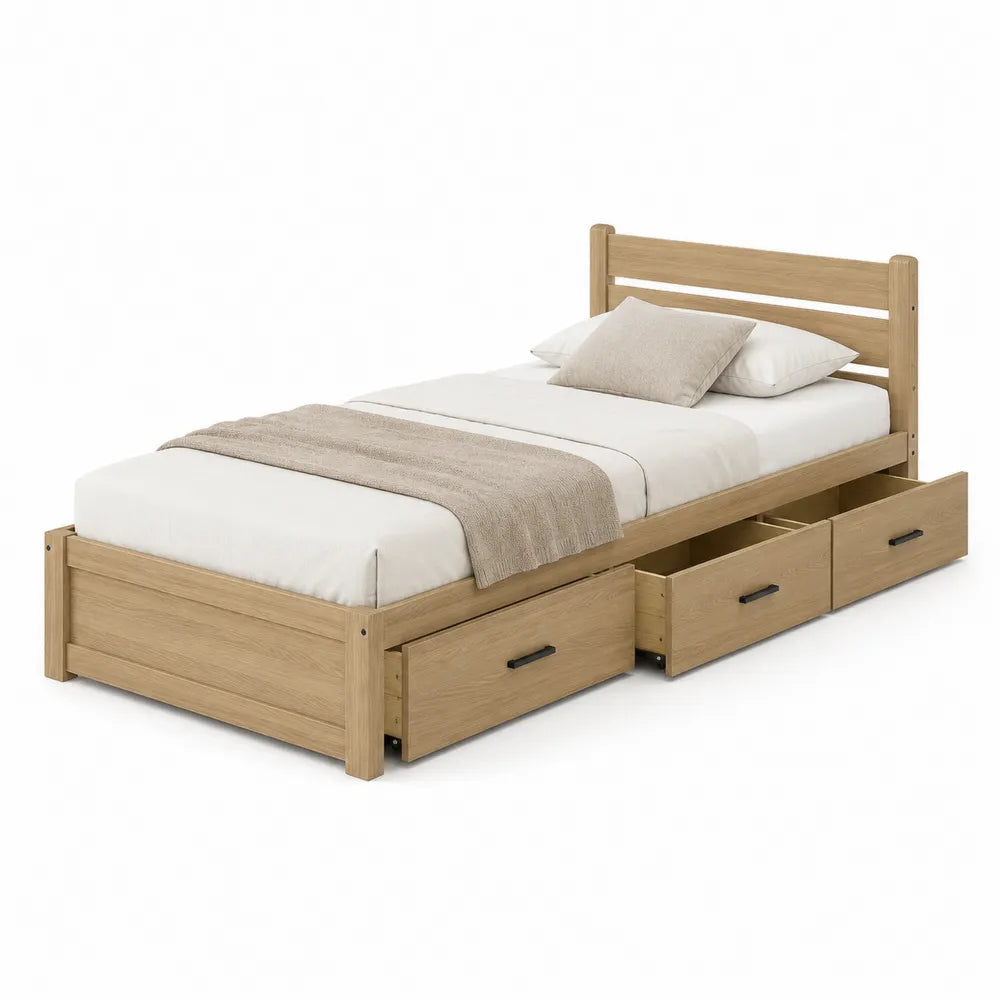 Letto singolo in legno con cassetti rovere