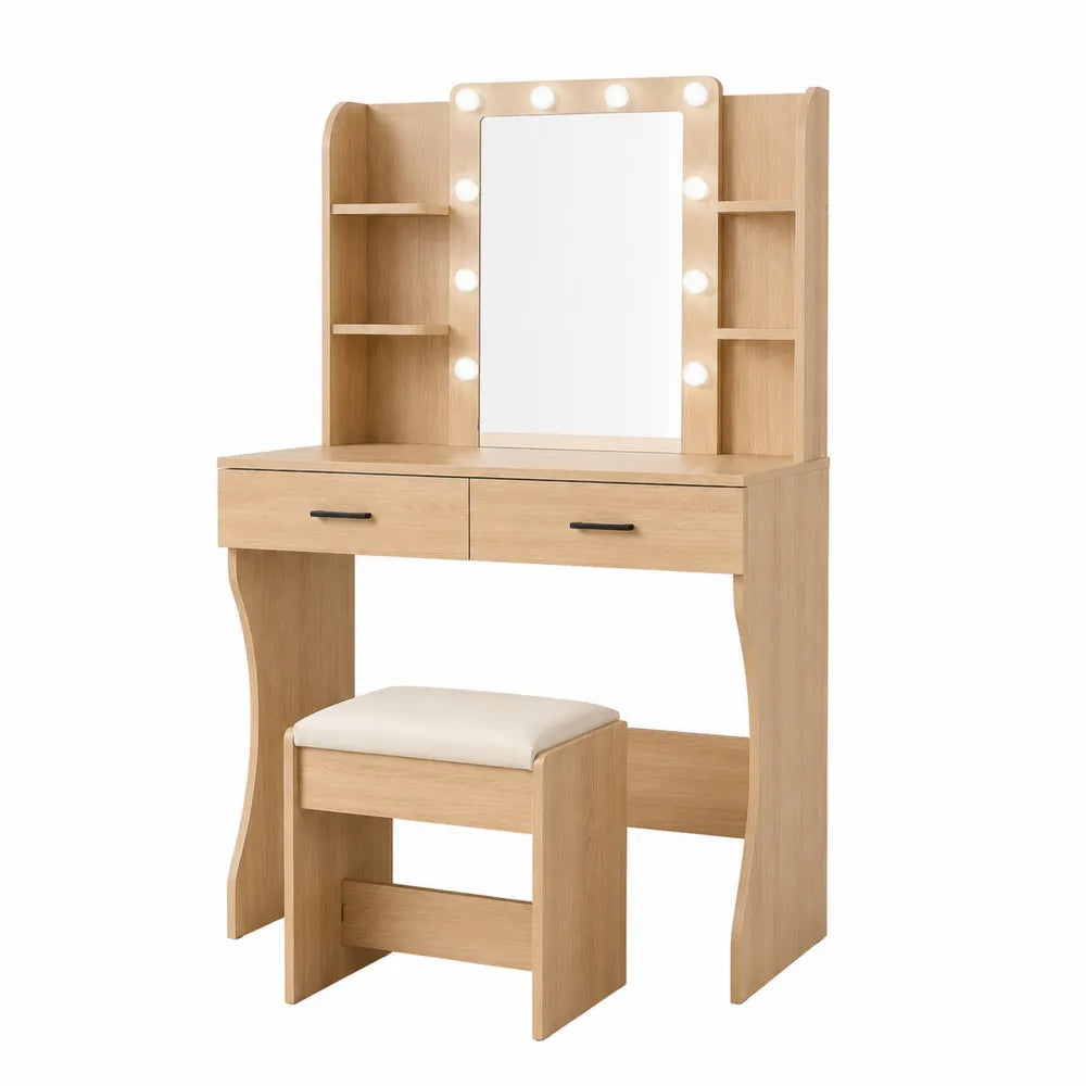 Toletta in Legno di Rovere Chiaro con Specchio a LED e Sgabello