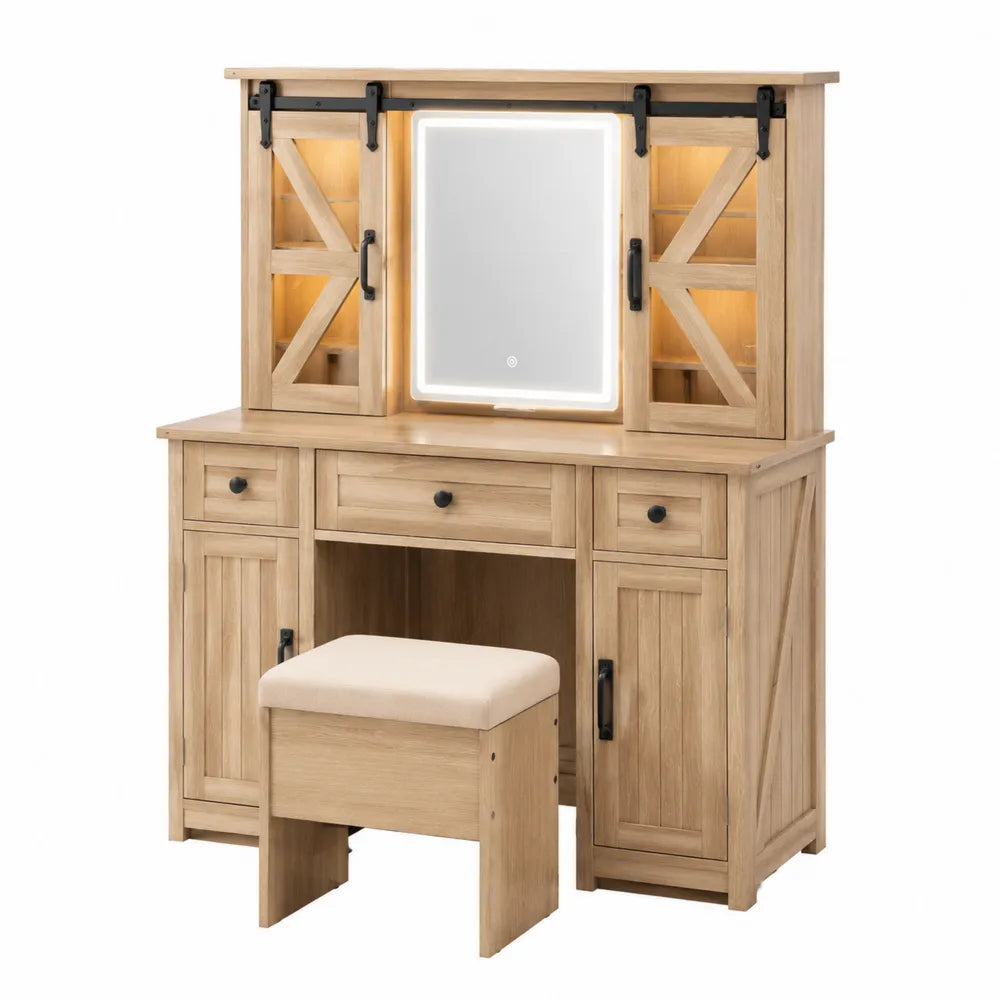 Toletta in legno di pino con specchio LED e sgabello imbottito