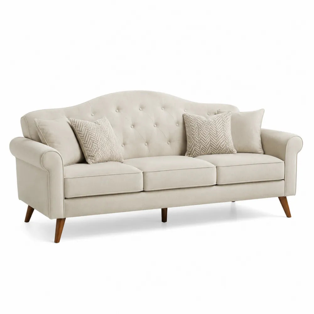Divano in tessuto beige 3 posti con gambe in legno di faggio
